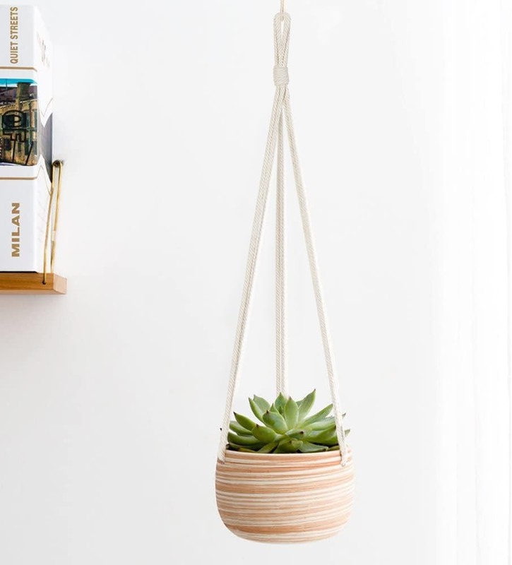 Mkono Ceramic Hanging Planter Macrame Plant Holder 5 Inch 21 1/4", Burlywood gallery
