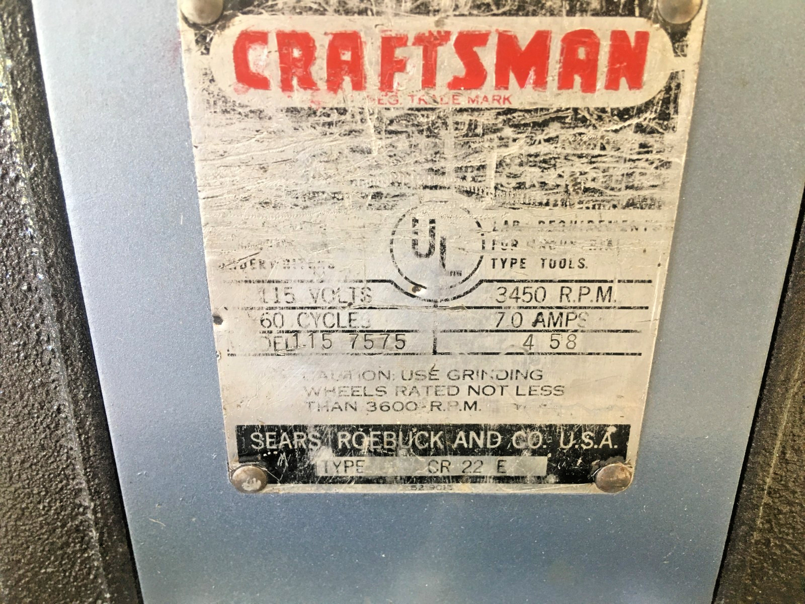 Vintage Craftsman 1/2hp 7" Bench Grinder 115.7575 gallery