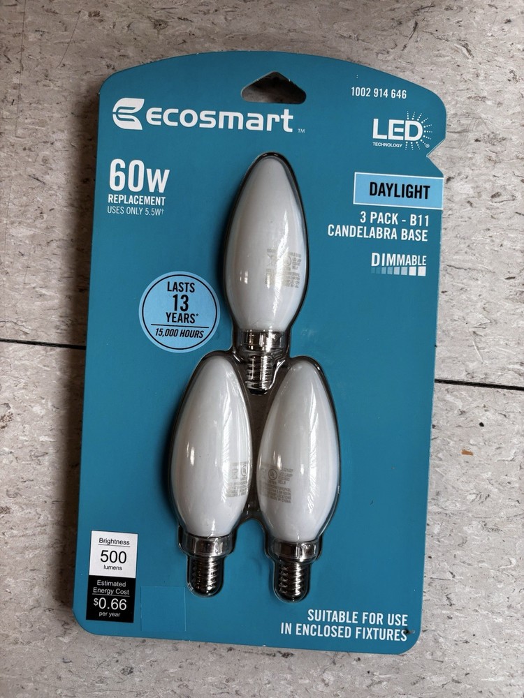 EcoSmart 60w Dimmable LED Daylight 5000K B11 Bulbs Candelabra E12 Frosted