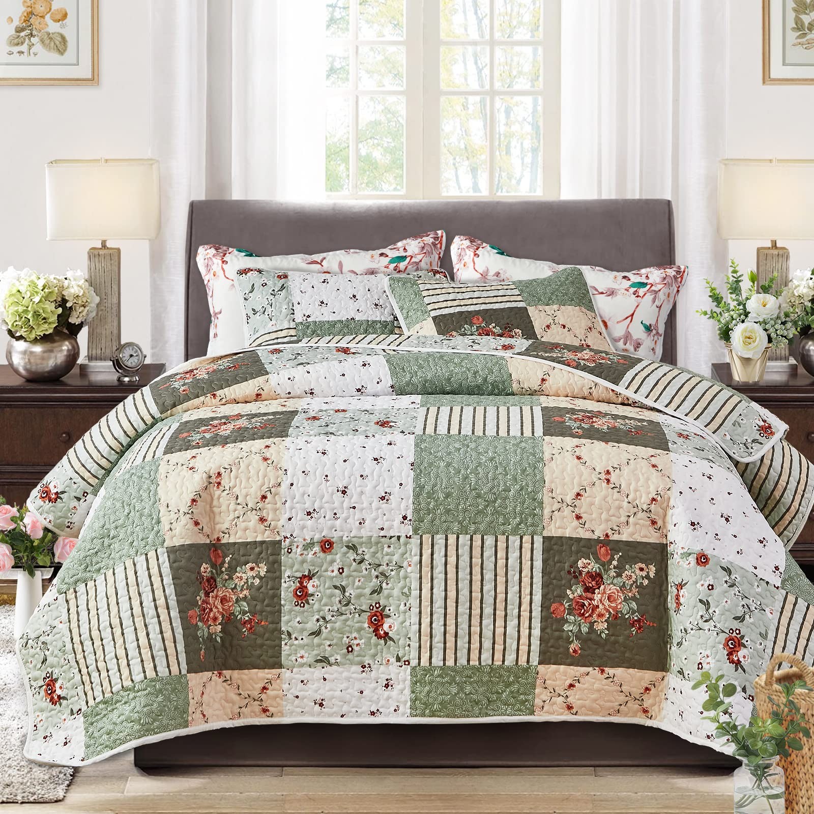 Patchwork Quilts Set King Size - 3 Pieces Floral Quilt Set Green White Plaid wit gallery