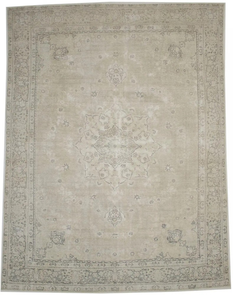 Muted Beige Antique Distressed Oriental Rug Classic Floral Carpet 9'5X12'5 ft