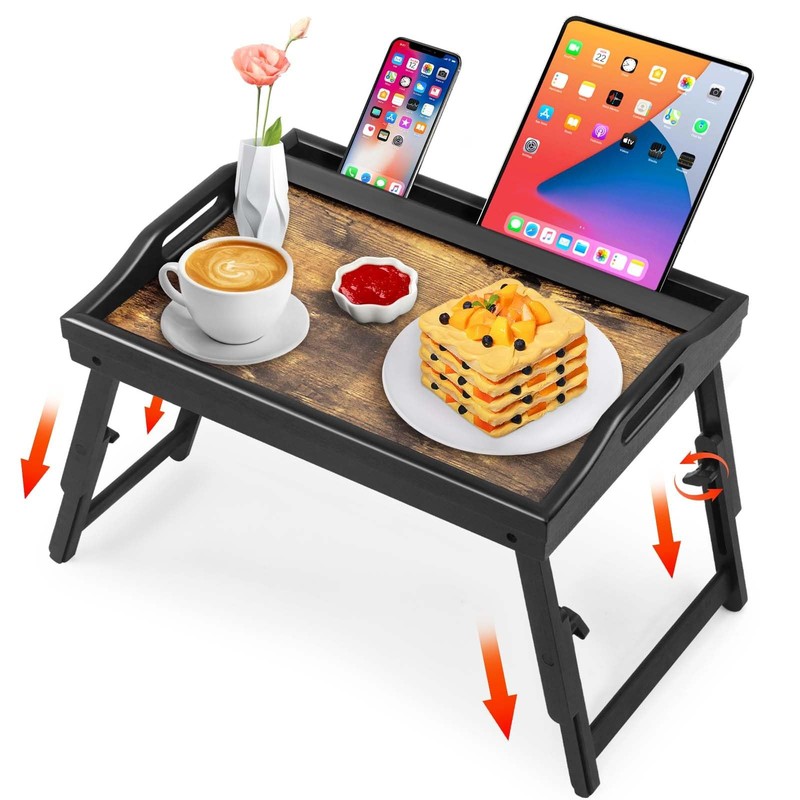2 Pack Bed Tray Table with Adjustable Legs Breakfast Trays Serving Tray Bambo... gallery