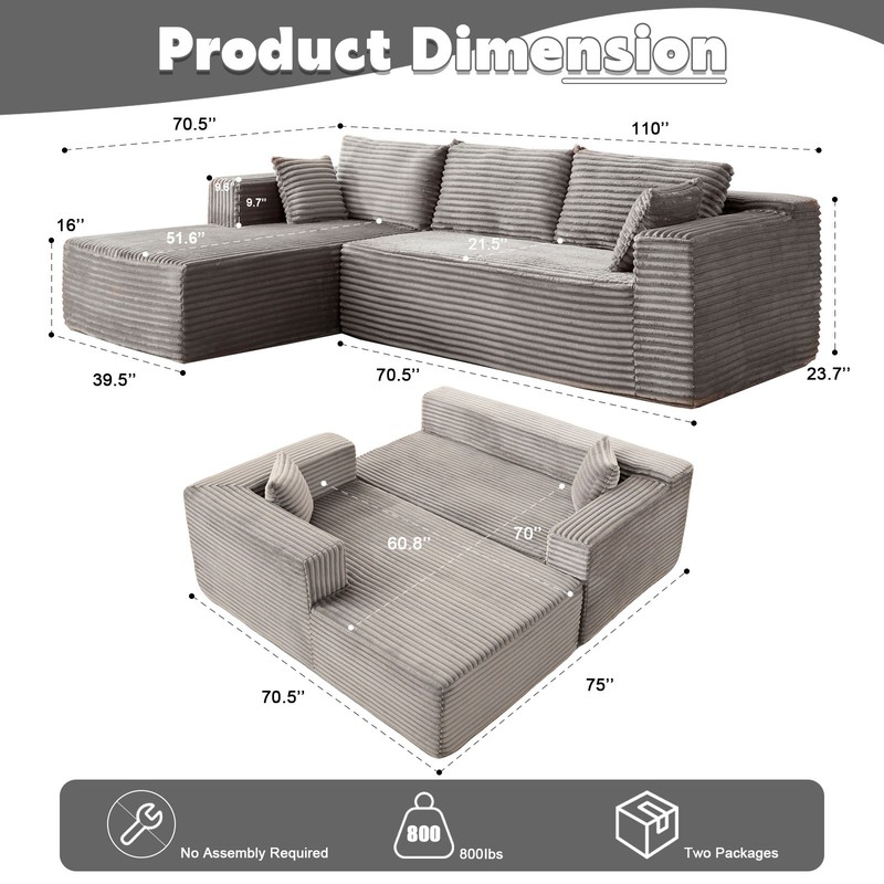 Compression Sectional Couch With Comfy Chaise, Boneless L Shape Sofa With Deep S gallery
