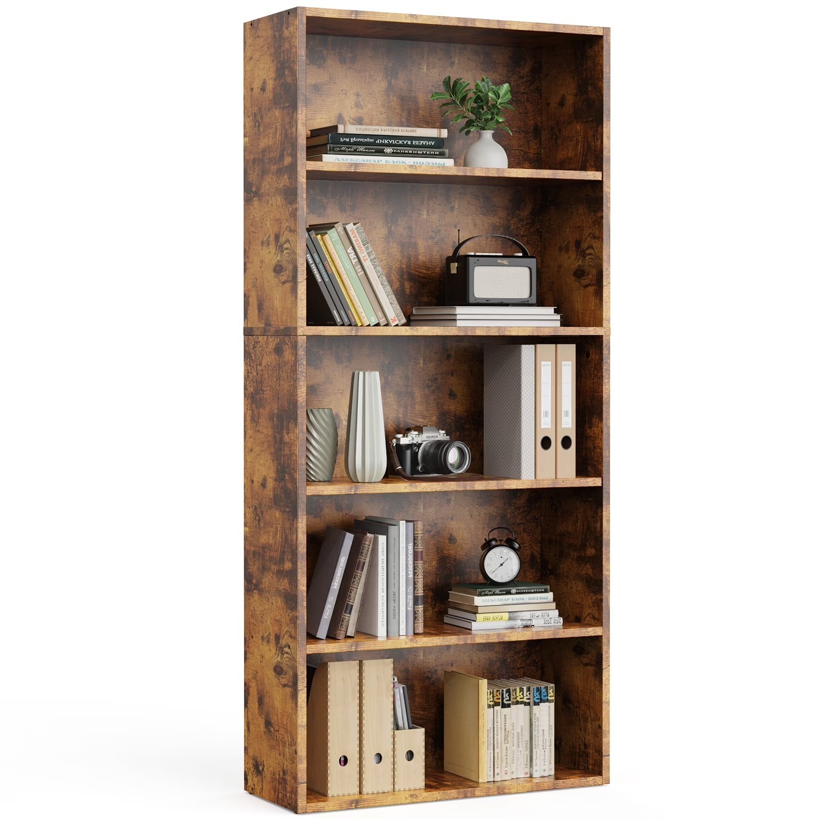 5-Tier Bookcase 53in Adjustable Shelves Anti-Tip Floor Standing Rustic Brown New gallery