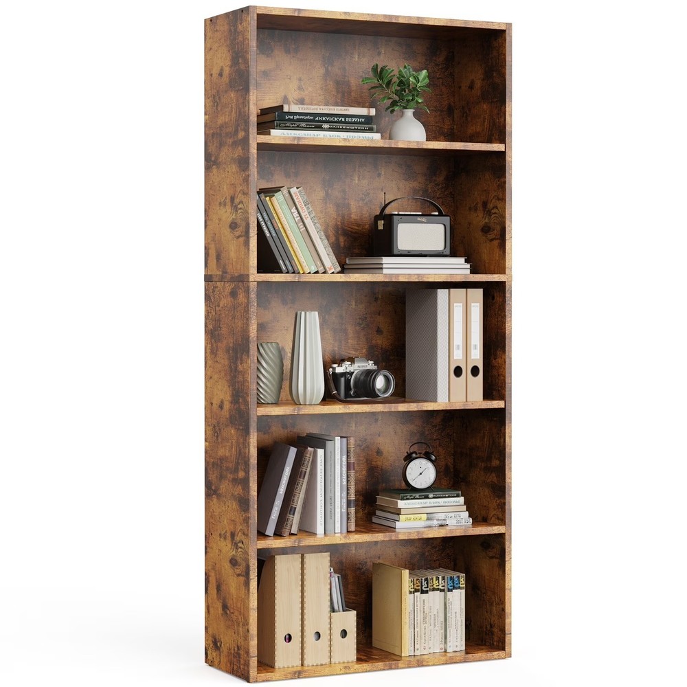 5-Tier Bookcase 53in Adjustable Shelves Anti-Tip Floor Standing Rustic Brown New
