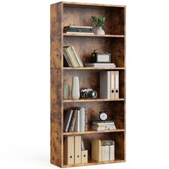 5-Tier Bookcase 53in Adjustable Shelves Anti-Tip Floor Standing Rustic Brown New