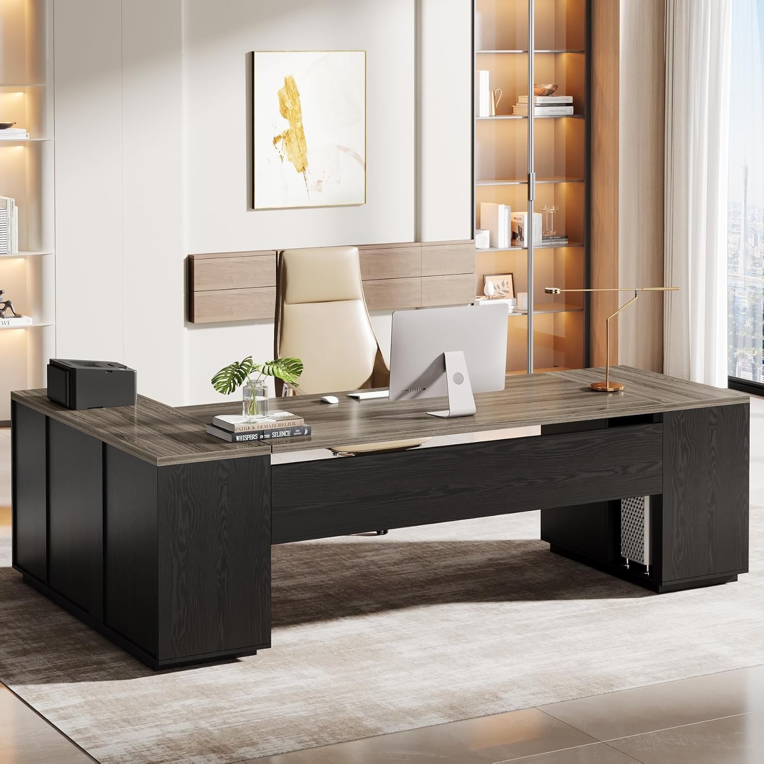 85.8 Inch Large Executive Desk, L-Shaped Modern Office Desk with File Drawers gallery