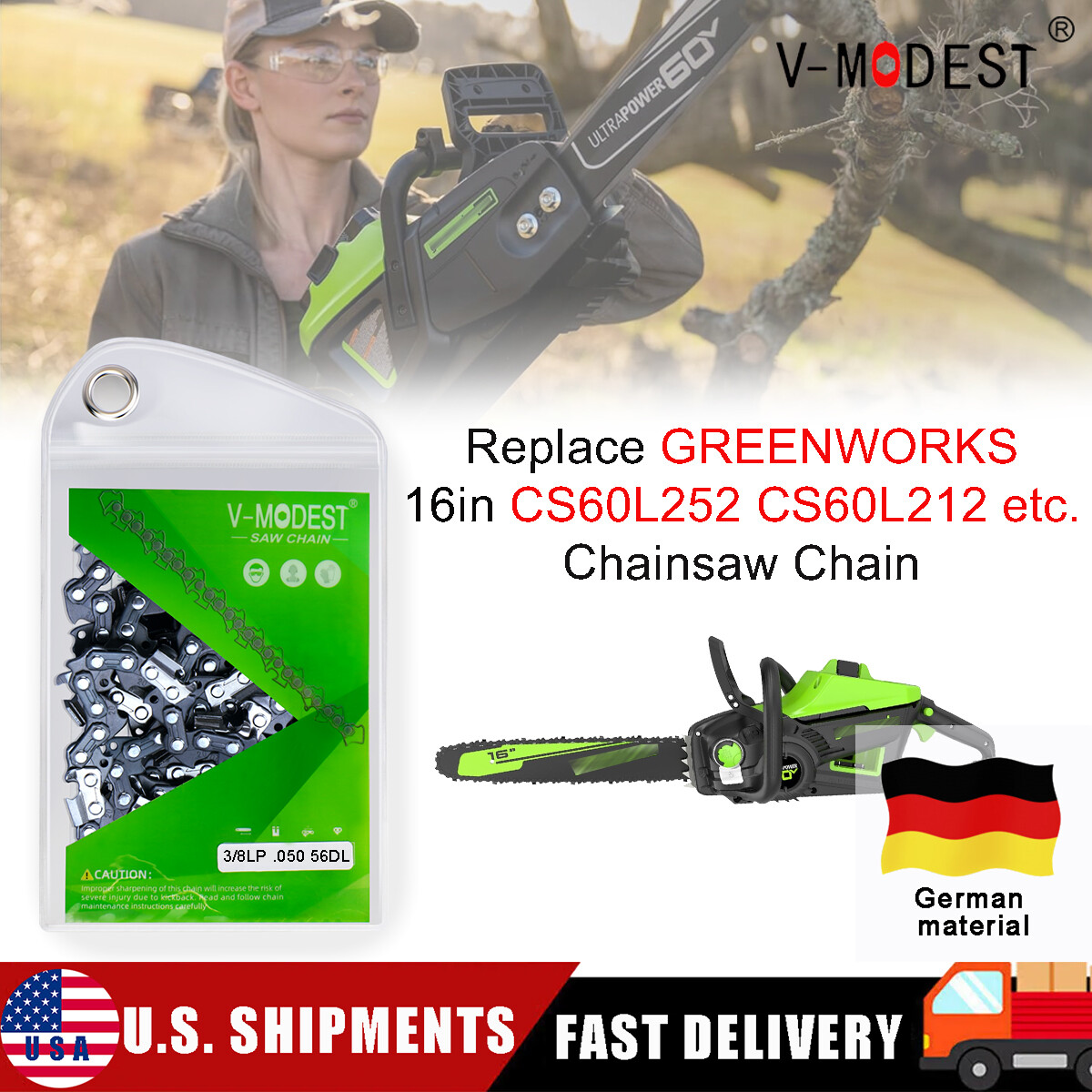 Replace 16" GREENWORKS 60V CS60L252 CS60L212/210 Chainsaw Chain 3/8"LP .050 56DL gallery