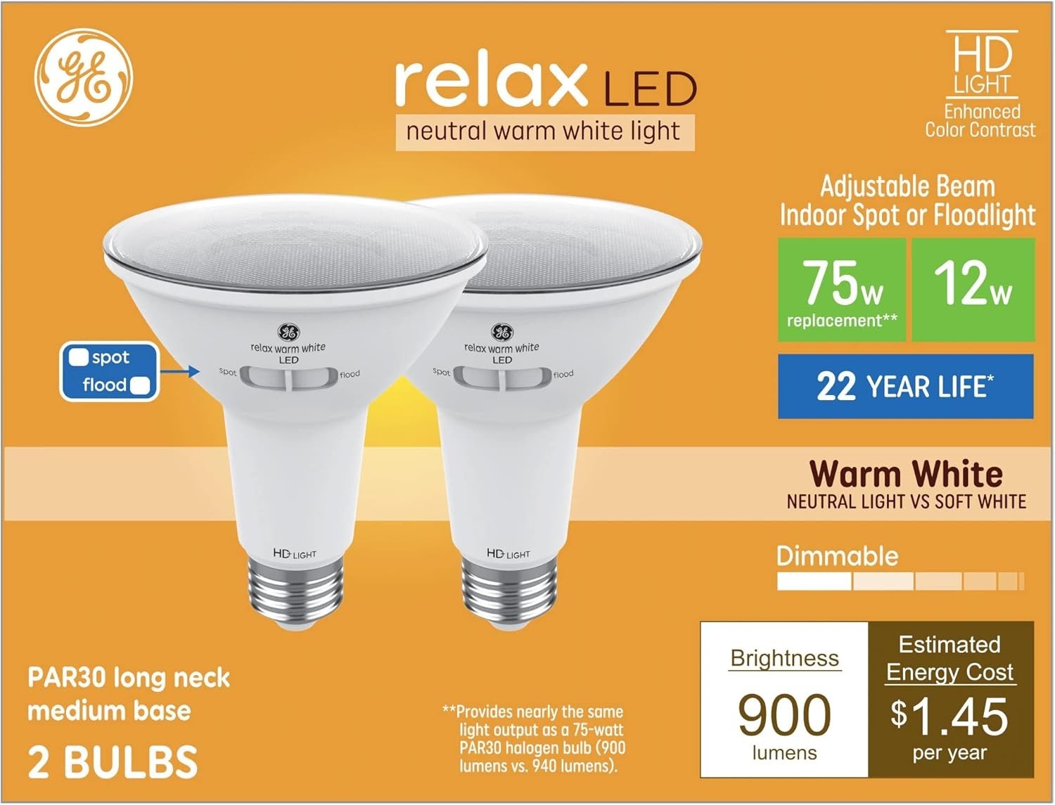 2 Bulb GE Relax LED Adjustable Beam Indoor Spot Or Flood 75Watt Warm WhitePar30 gallery