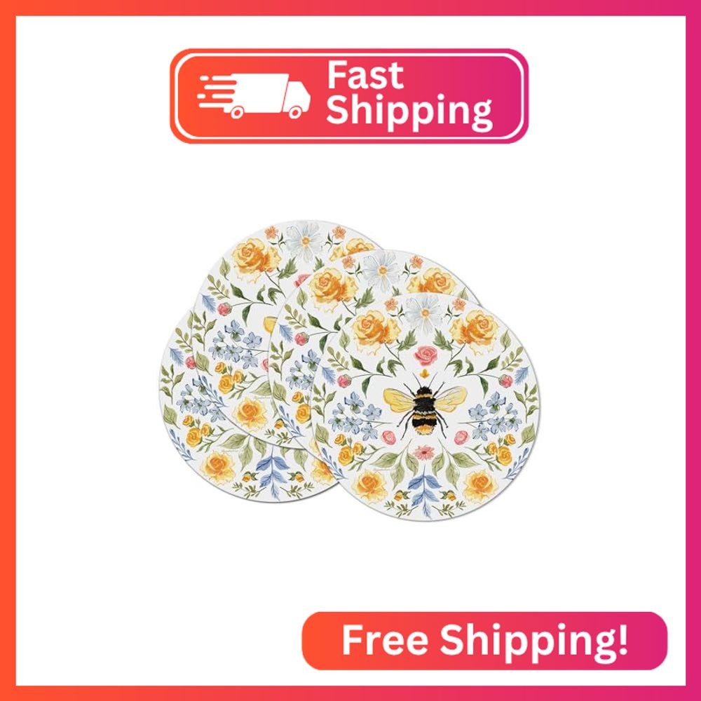 CounterArt Floral Bee 4 Pack Round Reversible Easy Care Flexible Plastic Placema gallery