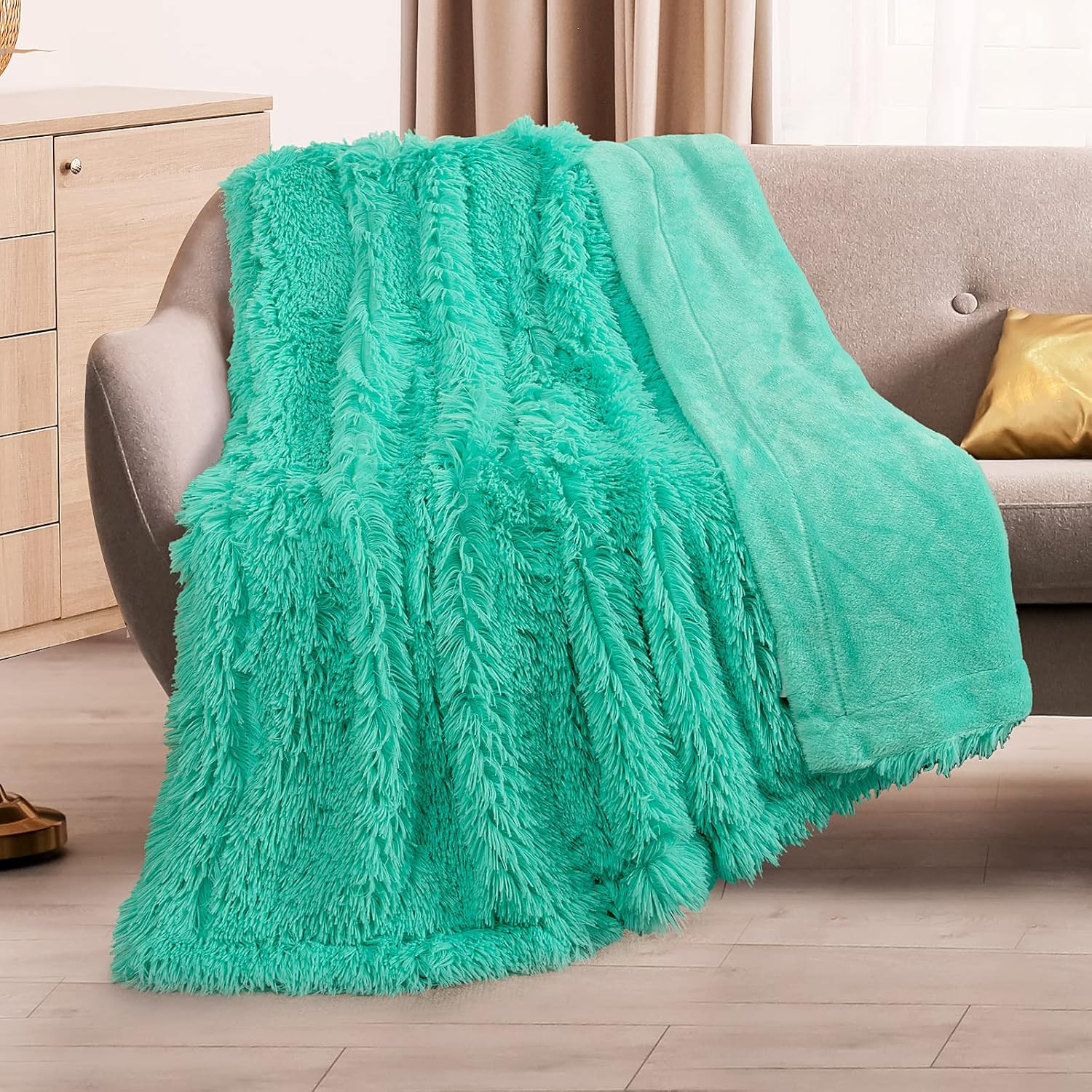 TOONOW Soft Faux Fur Couch Throw/Blanket 50x60 Reversible Lightweight Turquoise gallery