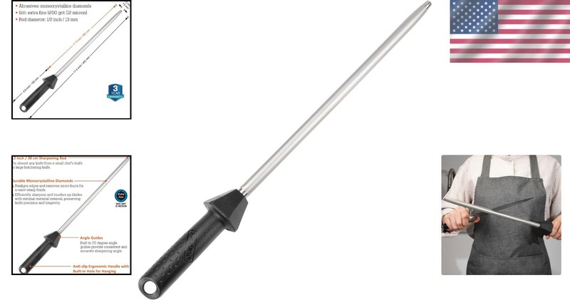 SHARPAL 12-Inch Extra Fine Diamond Sharpening Rod with Angle Guides for Knives gallery