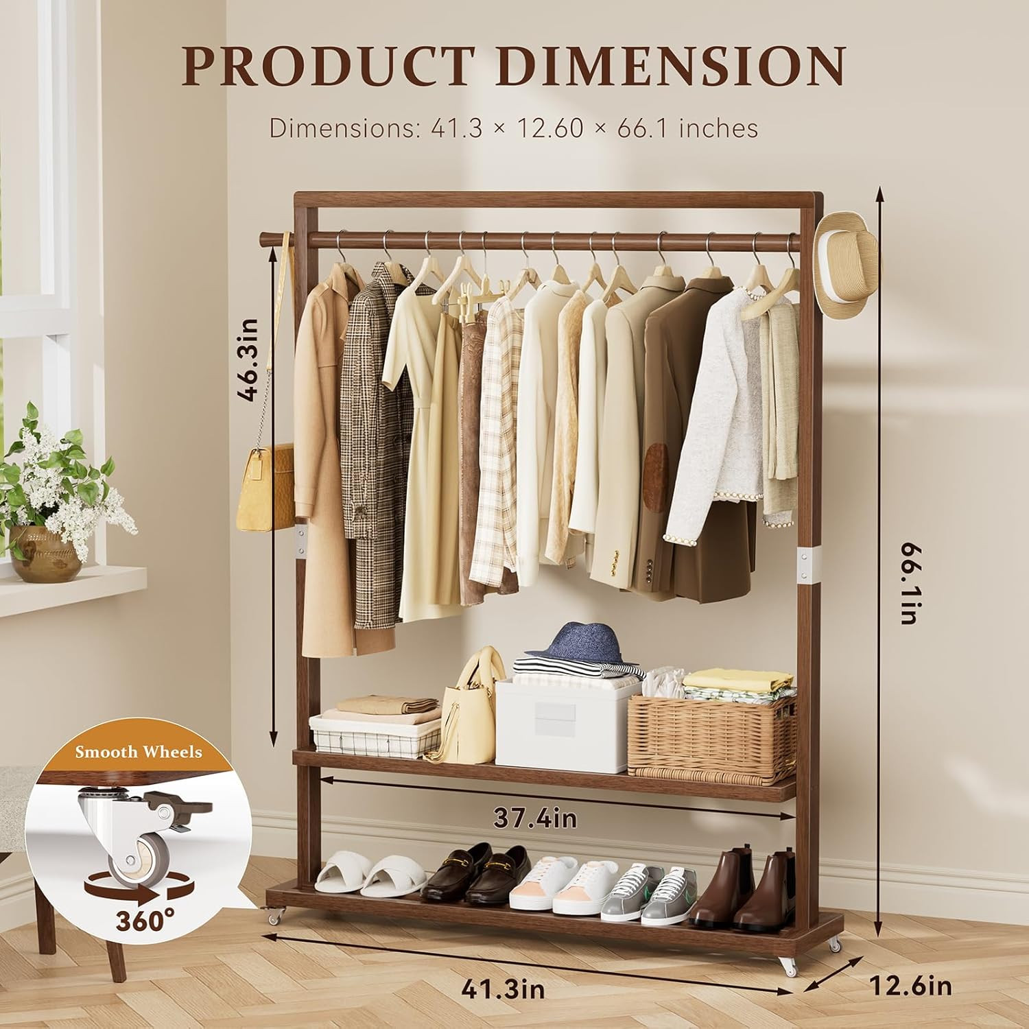Versatile Solid Wood Clothes Rack with Wheels & Shelves - 220 Lb Capacity gallery