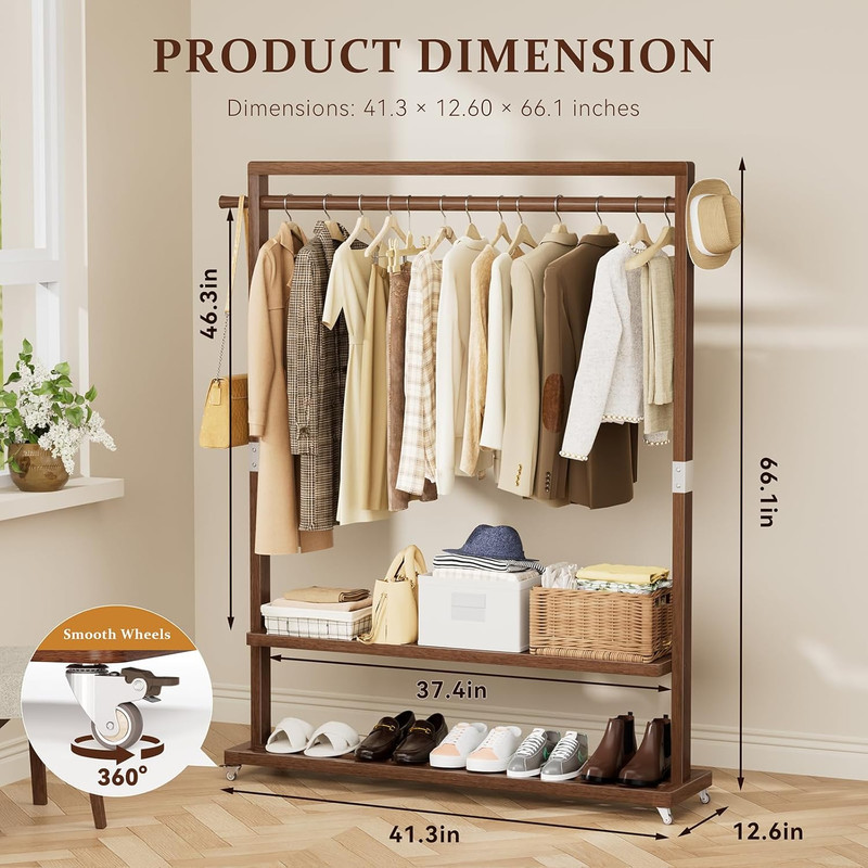 Versatile Solid Wood Clothes Rack with Wheels & Shelves - 220 Lb Capacity gallery