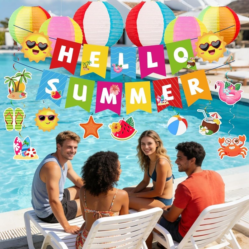 Summer Party Decorations Kit Beach Pool Party Decorations Banner Swirls Lanterns gallery
