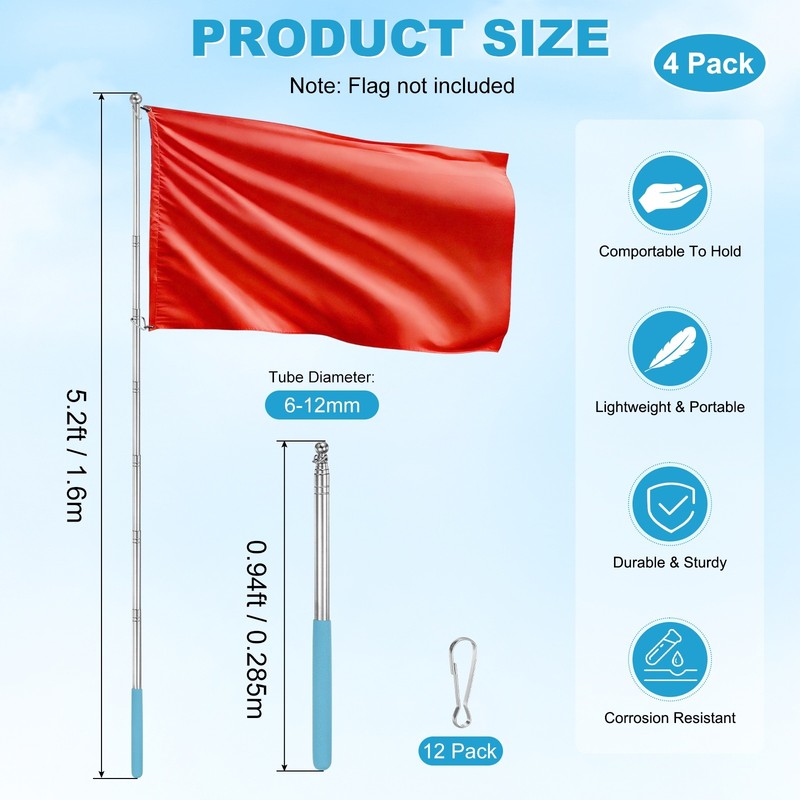 4-Pack Telescopic Handheld Flagpoles, 5.2ft/1.6m Stainless Steel [Light Blue] gallery