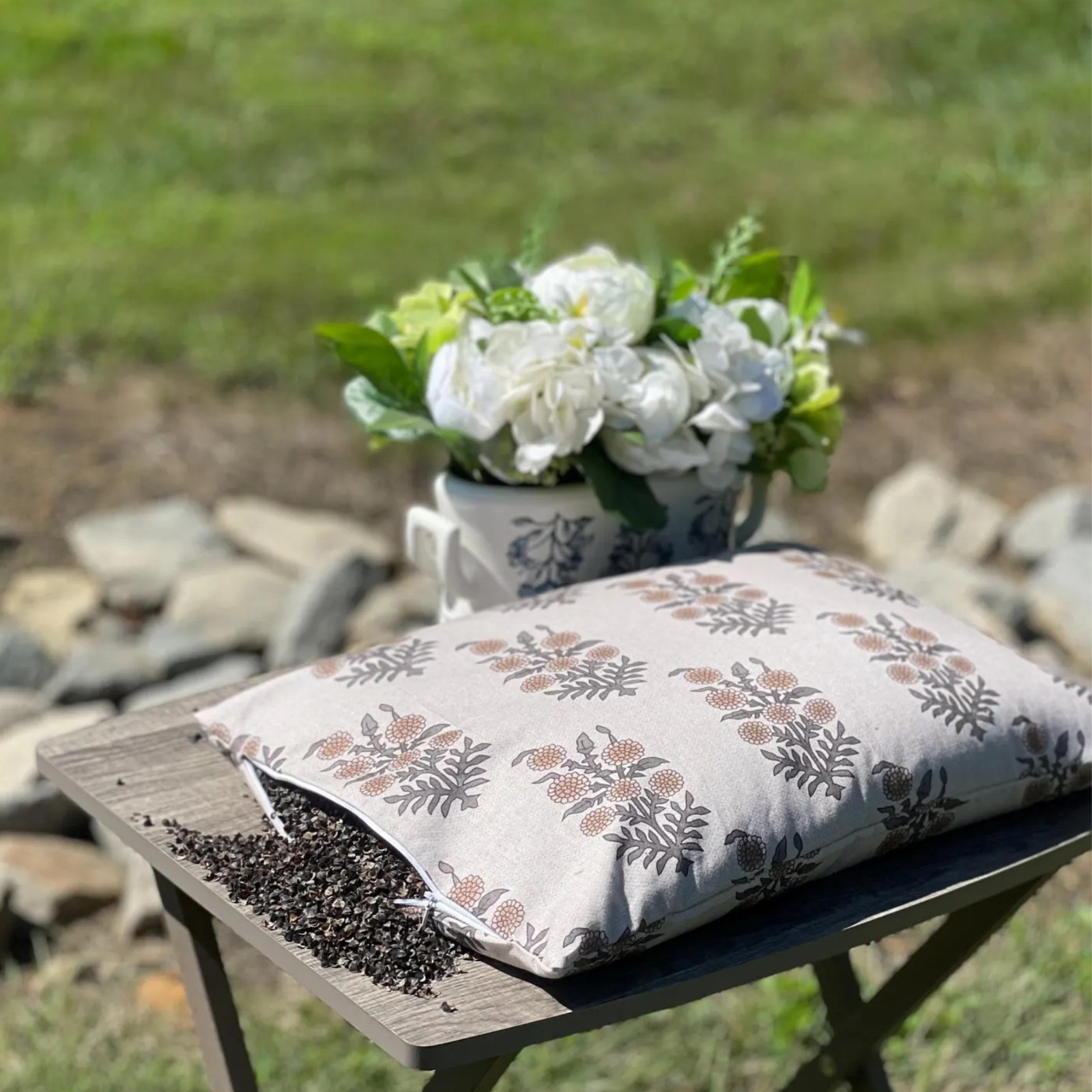 Handmade Organic Buckwheat Pillow – Neutral Floral Cotton Cover – 3 Sizes gallery