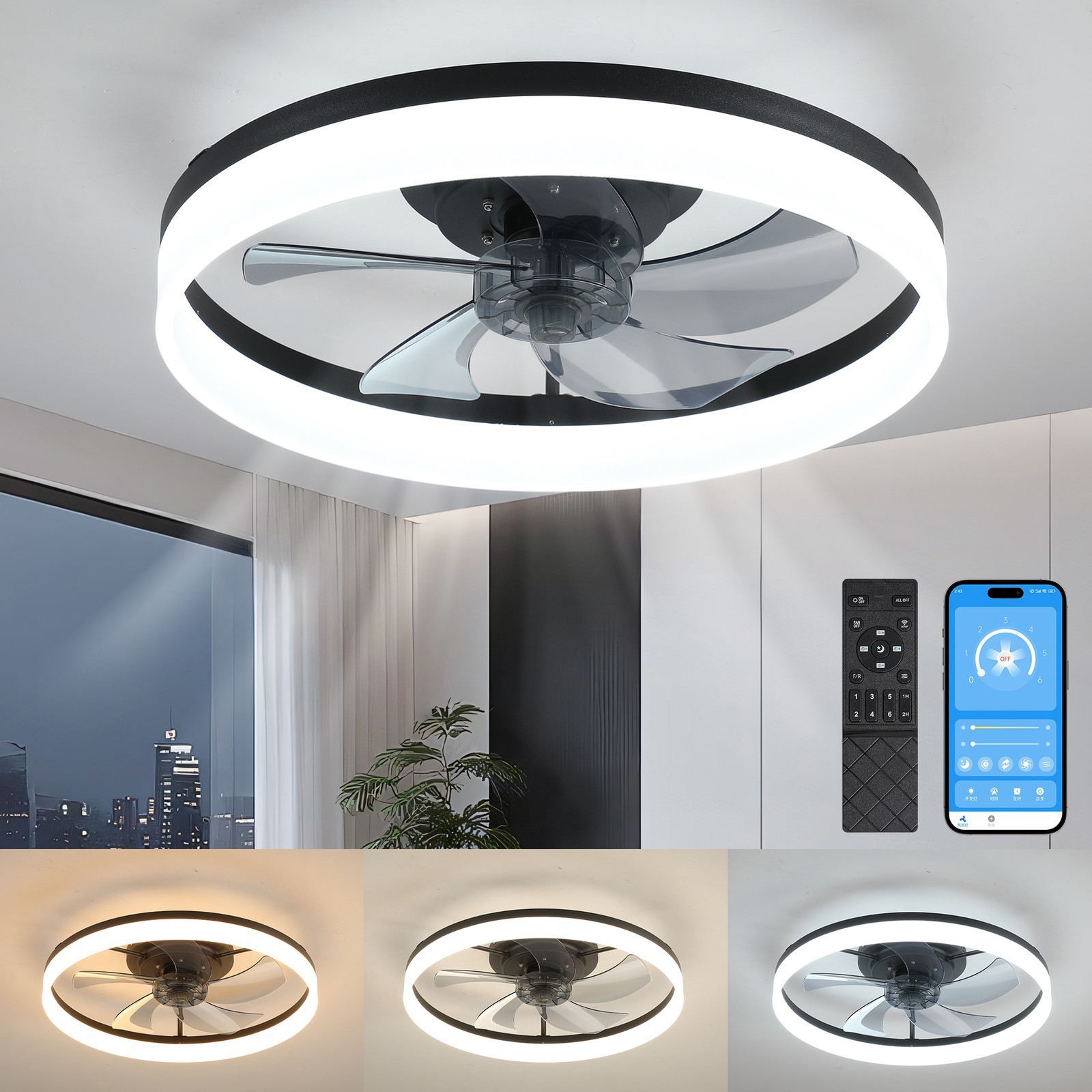 20" Modern Fan Lights Flush Mount LED Ceiling Light kit With APP Remote Control gallery