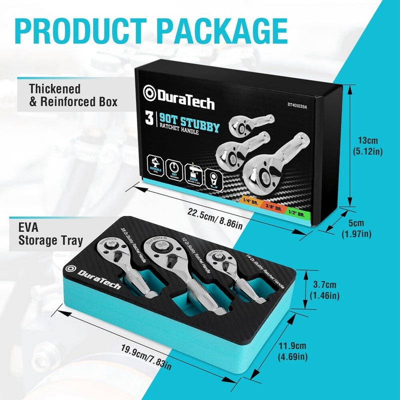 DURATECH 3PCS Stubby Ratchet Wrench Set 1/4" 3/8" 1/2" Dr Socket Wrench 90-Tooth gallery