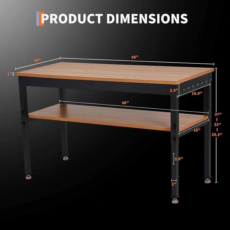Height Adjustable Workbench 48"x 24" Large Capacity Heavy-Duty Power Outlets gallery