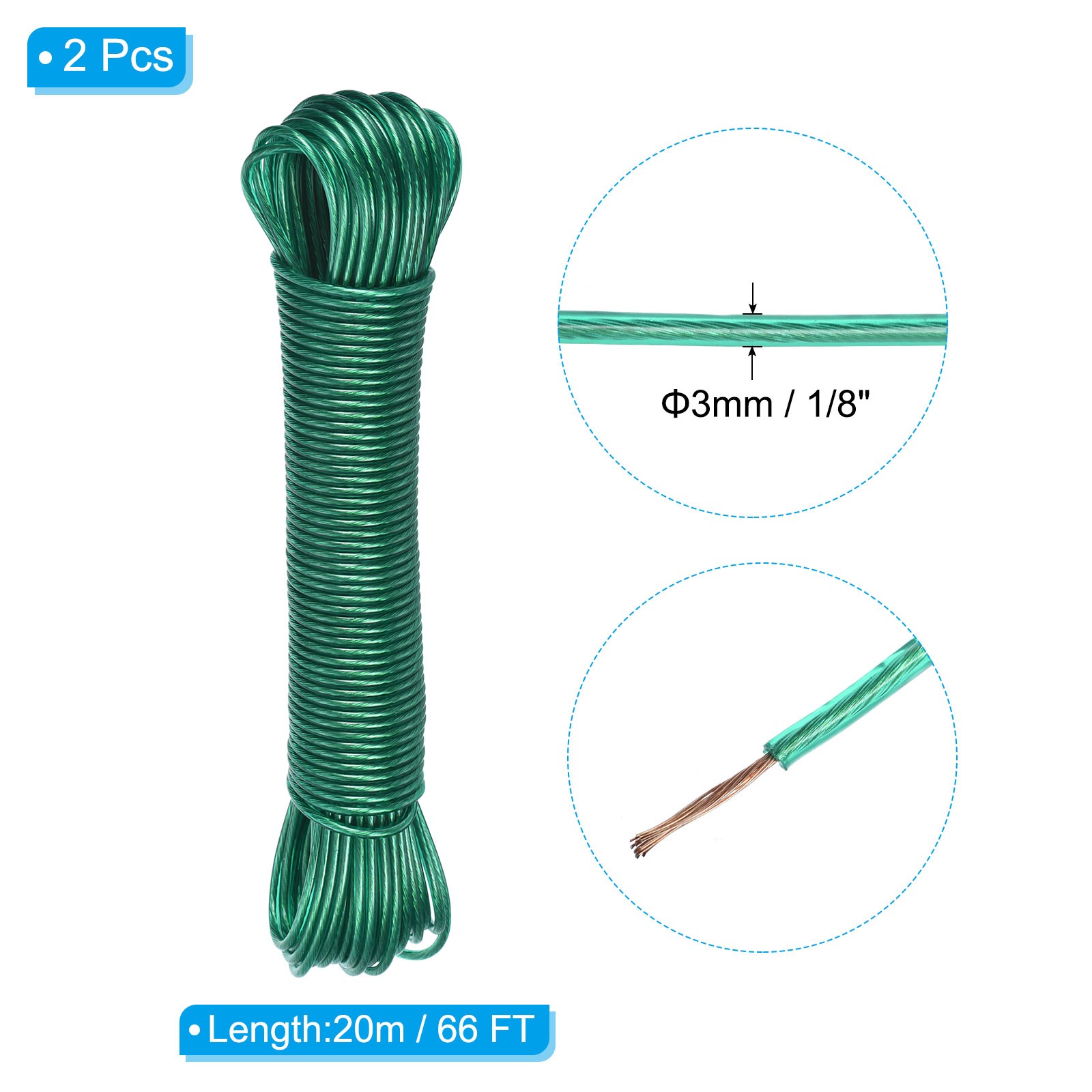 2 x Plastic Coated Clothesline 1/8Inch x 66FT Steel Core Clothes Lines Green gallery