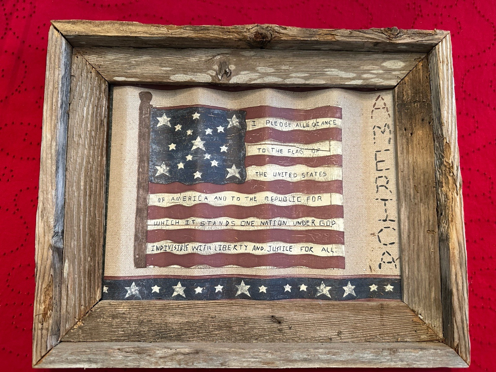 PRIMITIVE BARNWOOD FRAME W/ “PLEDGE Of ALLEGIANCE” ON FLAG PAINTED ON METAL gallery
