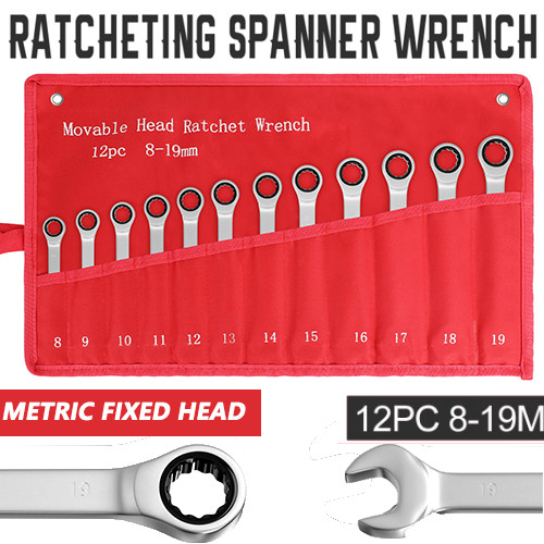 12Pc 8-19mm Metric Fixed Head Ratcheting Wrench Combination Spanner Tool Set gallery