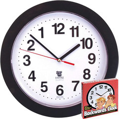 Backwards Wall Clock Black Round Analog Counterclockwise Reverse 11″