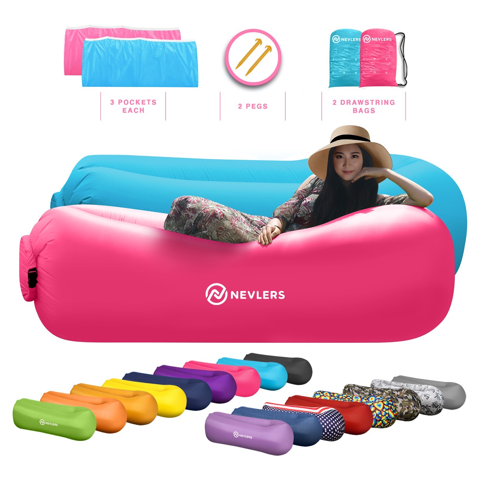 Mockins Inflatable 2 Pack Pink & Blue Blow Up Lounger Beach Chair & Travel Bag gallery