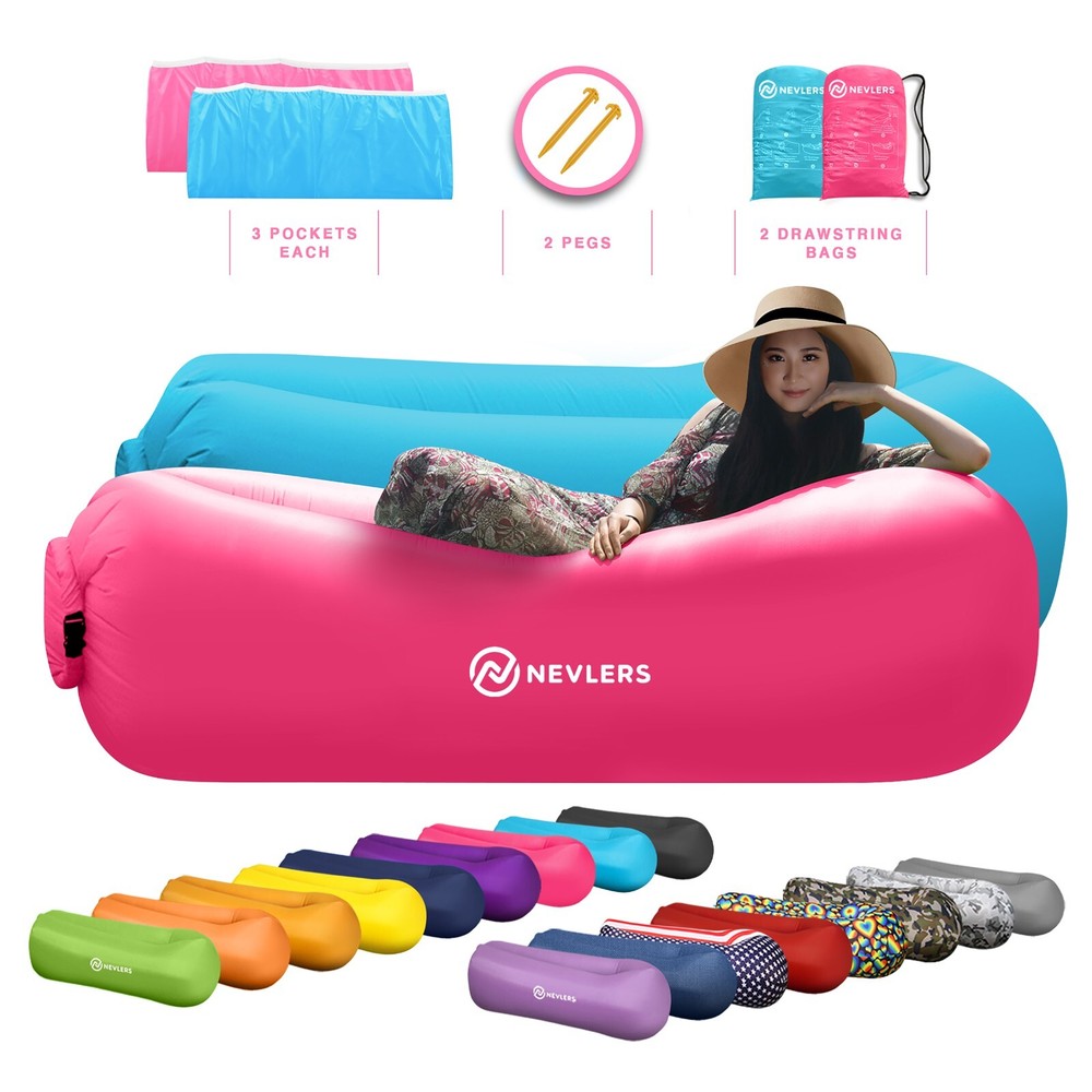 Mockins Inflatable 2 Pack Pink & Blue Blow Up Lounger Beach Chair & Travel Bag
