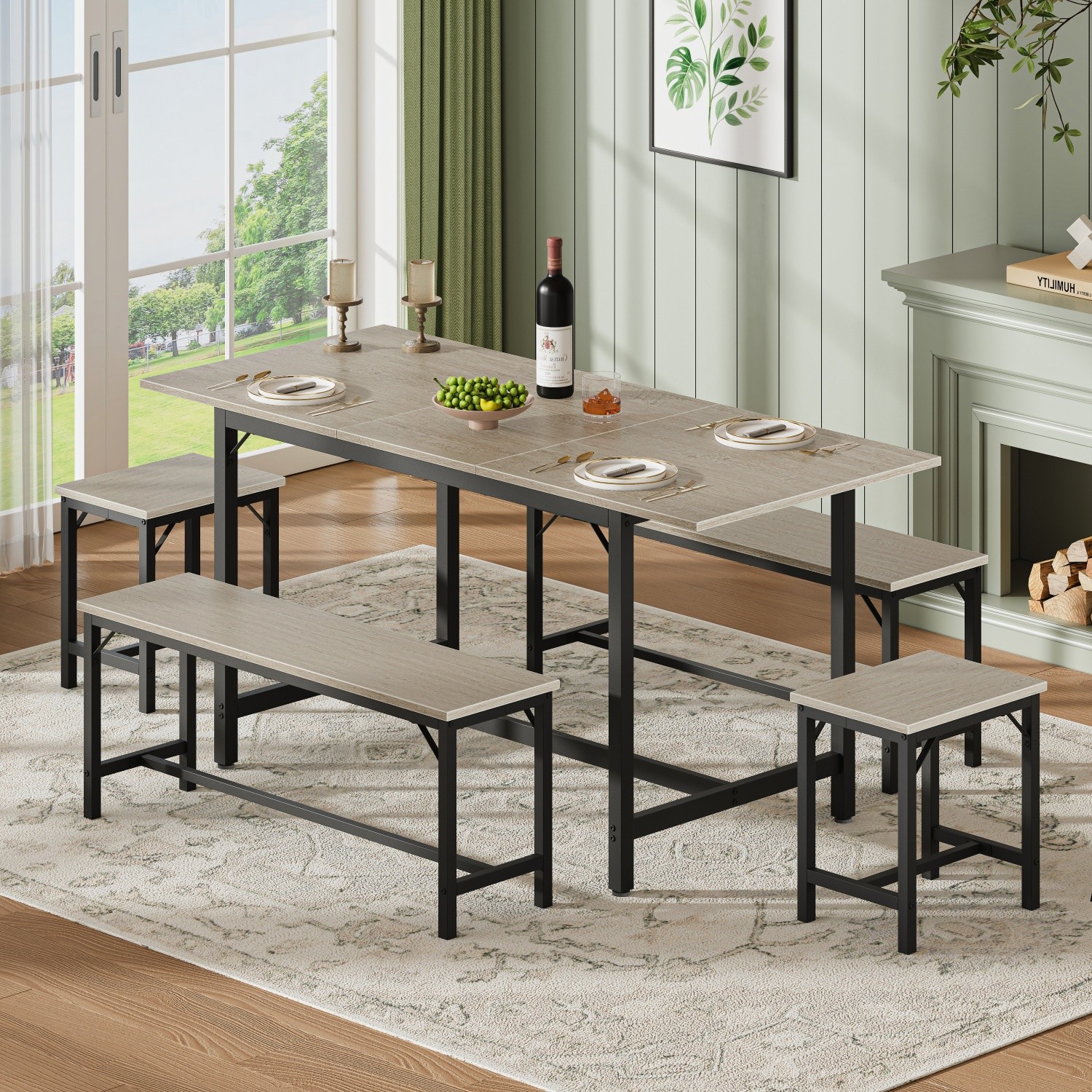 5 Piece Extendable Dining Table Set Wood Tabletop Steel Frame 2 Benches 2 Stools gallery