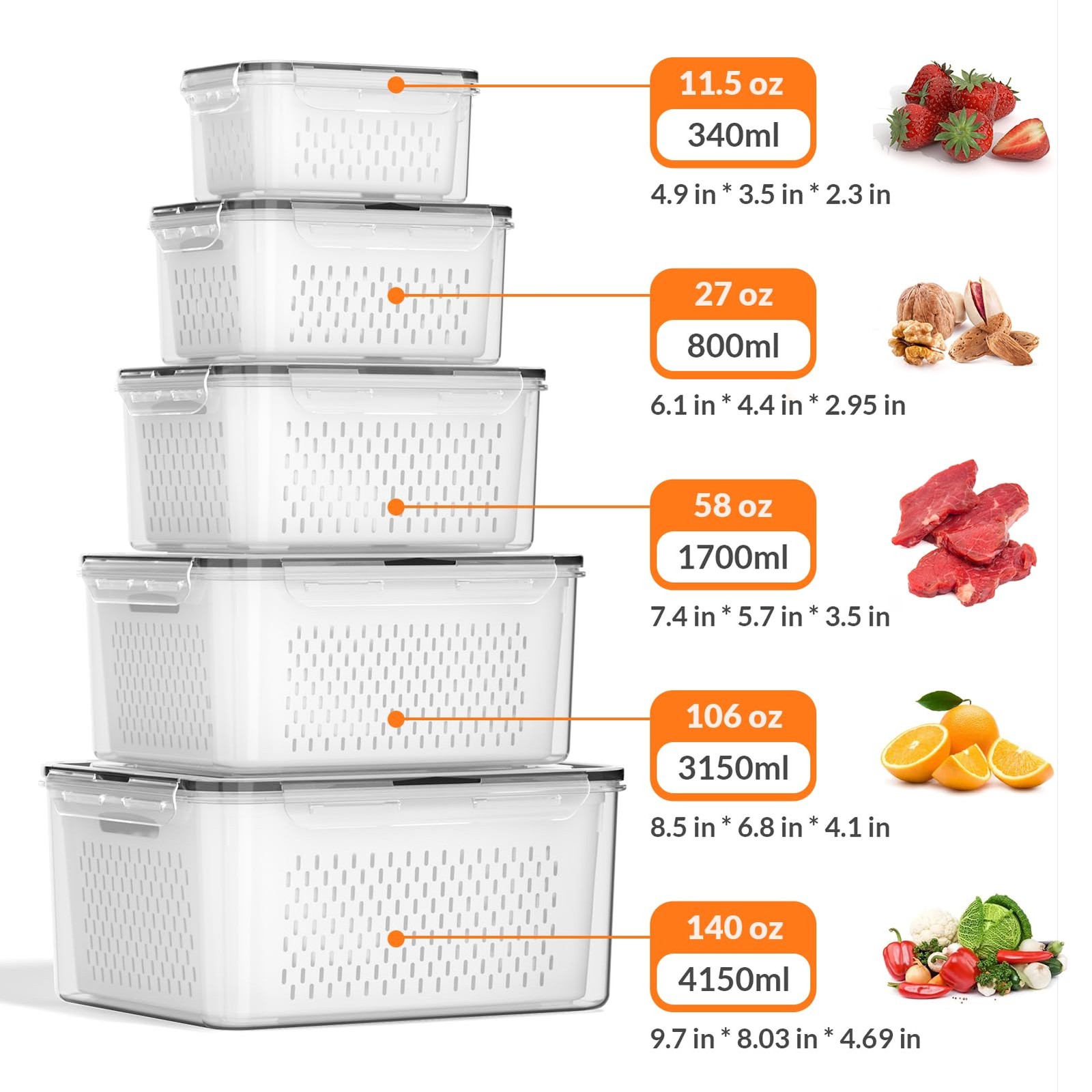 5 Pcs Large Fridge Fruit Storage Containers with Removable Drain Tray gallery