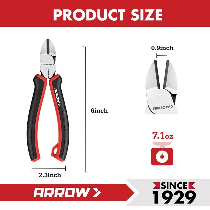 ARROW 6" High Leverage Diagonal Plier Wire Cutter High Carbon Steel w/TPR Handle gallery
