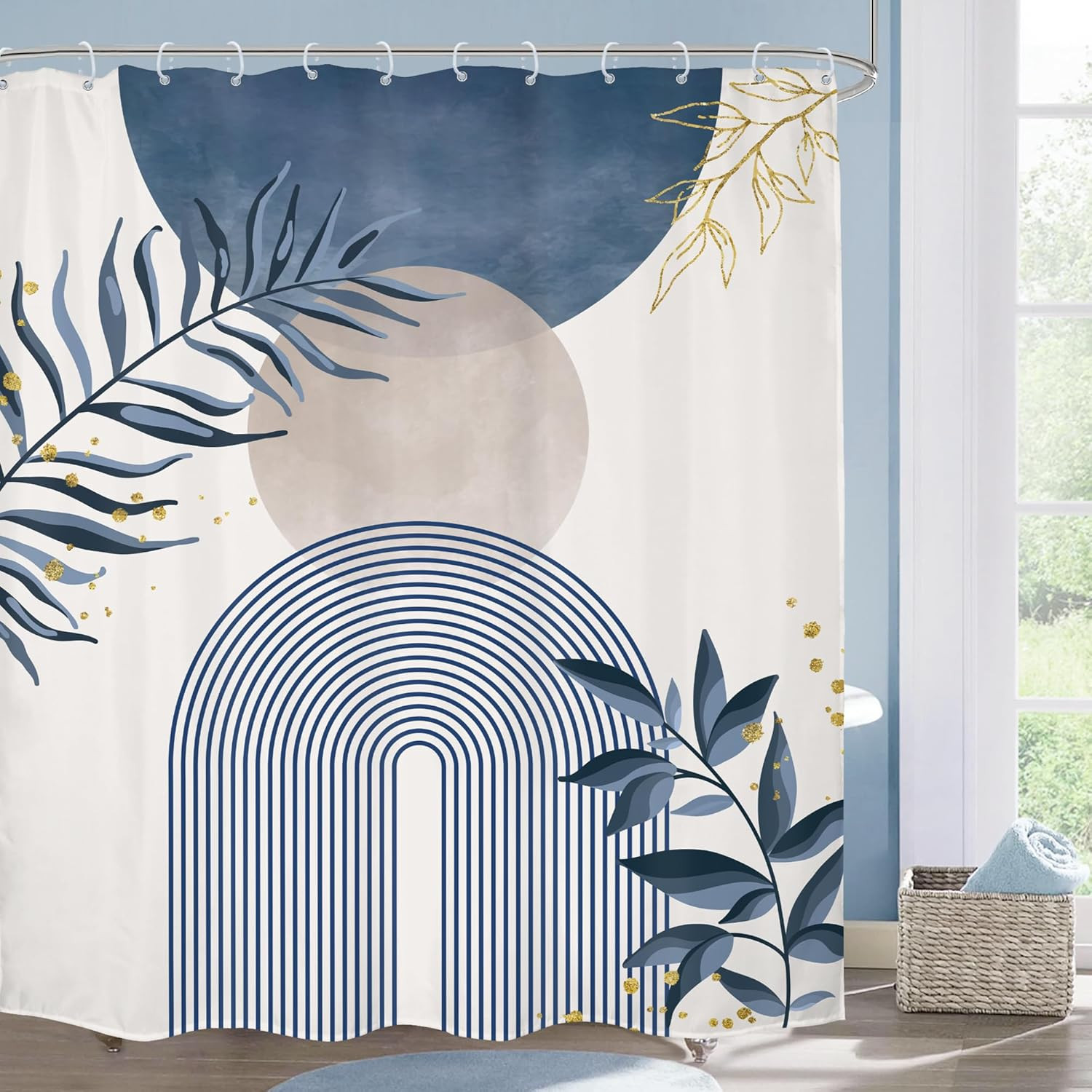 Blue Gray Boho Shower Curtain Dusty Blue Gold Leaves Modern Bohemian Abstract Mi gallery