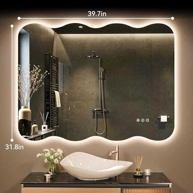 Dimmable LED Wavy Full Length Mirror - 40"x32" Frameless Floor/Wall Mount gallery