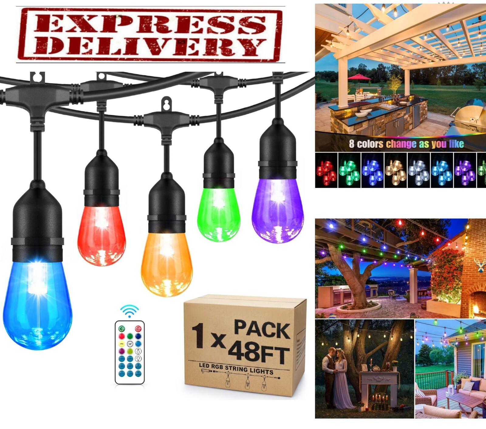 Outdoor String Lights 48FT RGB 15 S14 Bulbs Waterproof Dimmabl Patio Yard Remote gallery