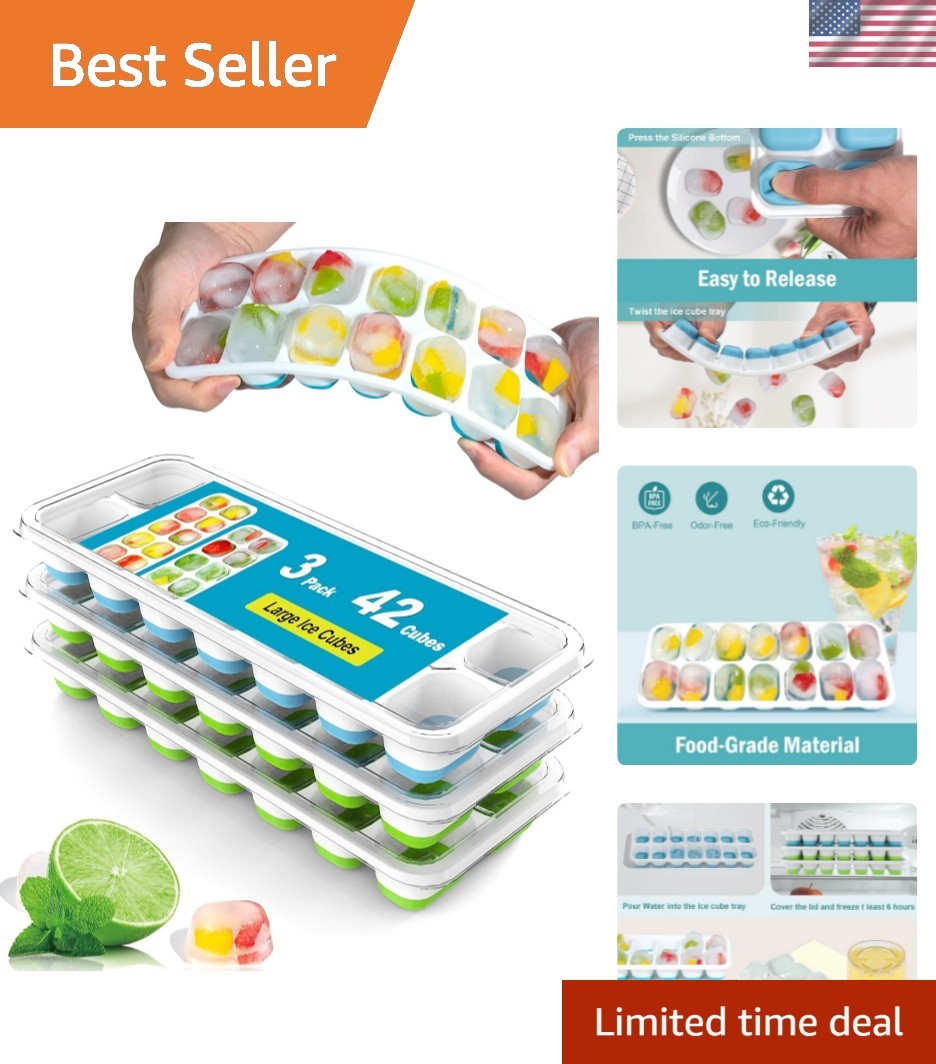3 Pack Ice Cube Trays with Lids, Flexible Silicone Bottom for Easy Release, S... gallery