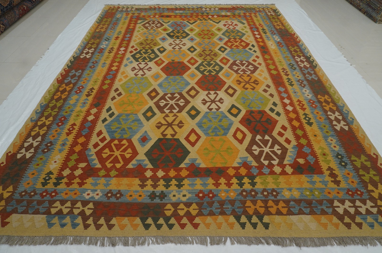 8x11 ft Beige Afghan Handmade Geometric Wool Kilim Area Rug (8'5"x11'2") gallery