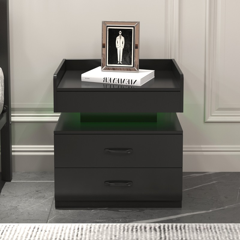 LED Nightstand with Adjustable Strip Light 2 Drawers Storage Bedside Side Table gallery