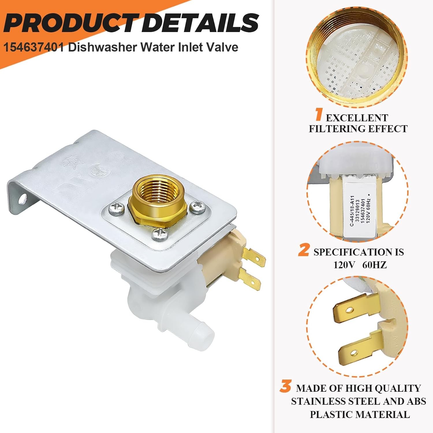 Water Inlet Valve Compatible with Frigidaire 154637401 154445901 154476101 gallery