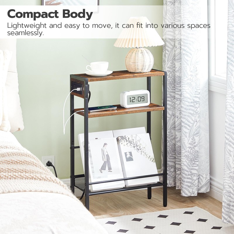 Narrow Side Table, Charging Station, Rustic Brown, Black, USB, Shelf, Skinny gallery