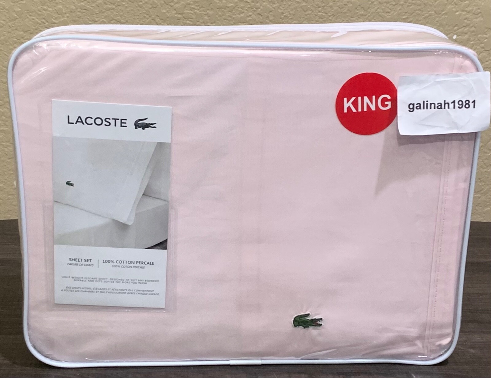 LACOSTE 100% Cotton Percale 4-piece KING Sheet Set Iced Pink NIP gallery