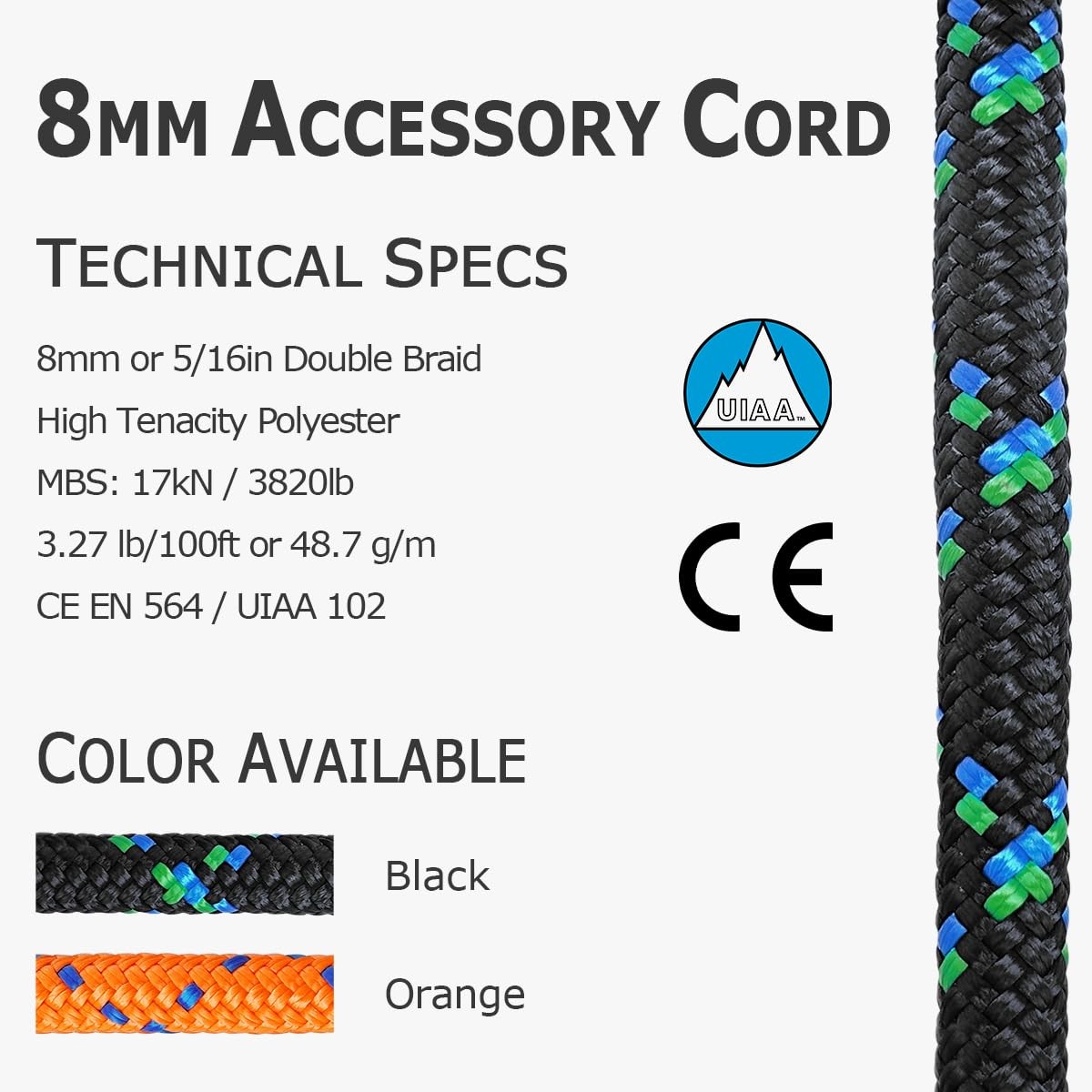 GM CLIMBING 8mm Accessory Cord Rope Double Braid Pre Cut 20feet, Black gallery