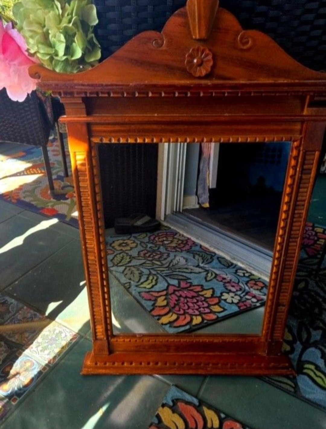 Gothic Victorian Style Mirror Featuring Carved Details Floral Crest 29.5 "×17" gallery