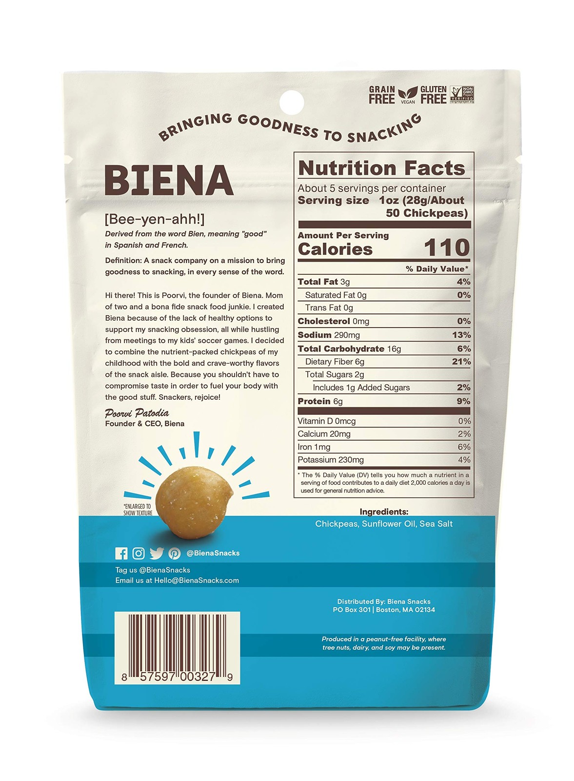 BIENA Chickpea Snacks, Sea Salt | Gluten Free | Vegan | 5 Ounce (Pack of 1) gallery