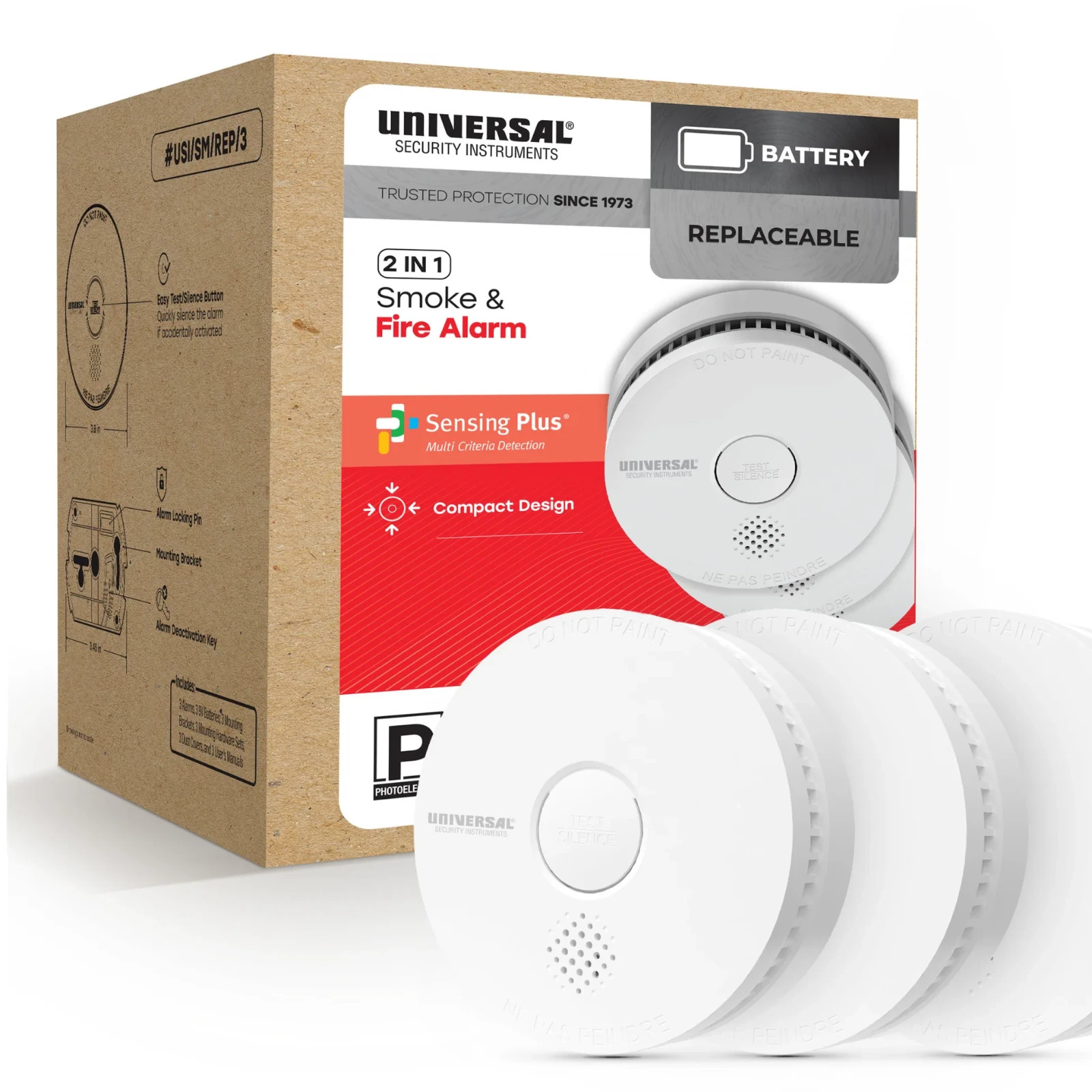 Universal Security Instruments 2 In 1 Smoke & Fire Alarm 3PK - MISSING BATTERIES gallery