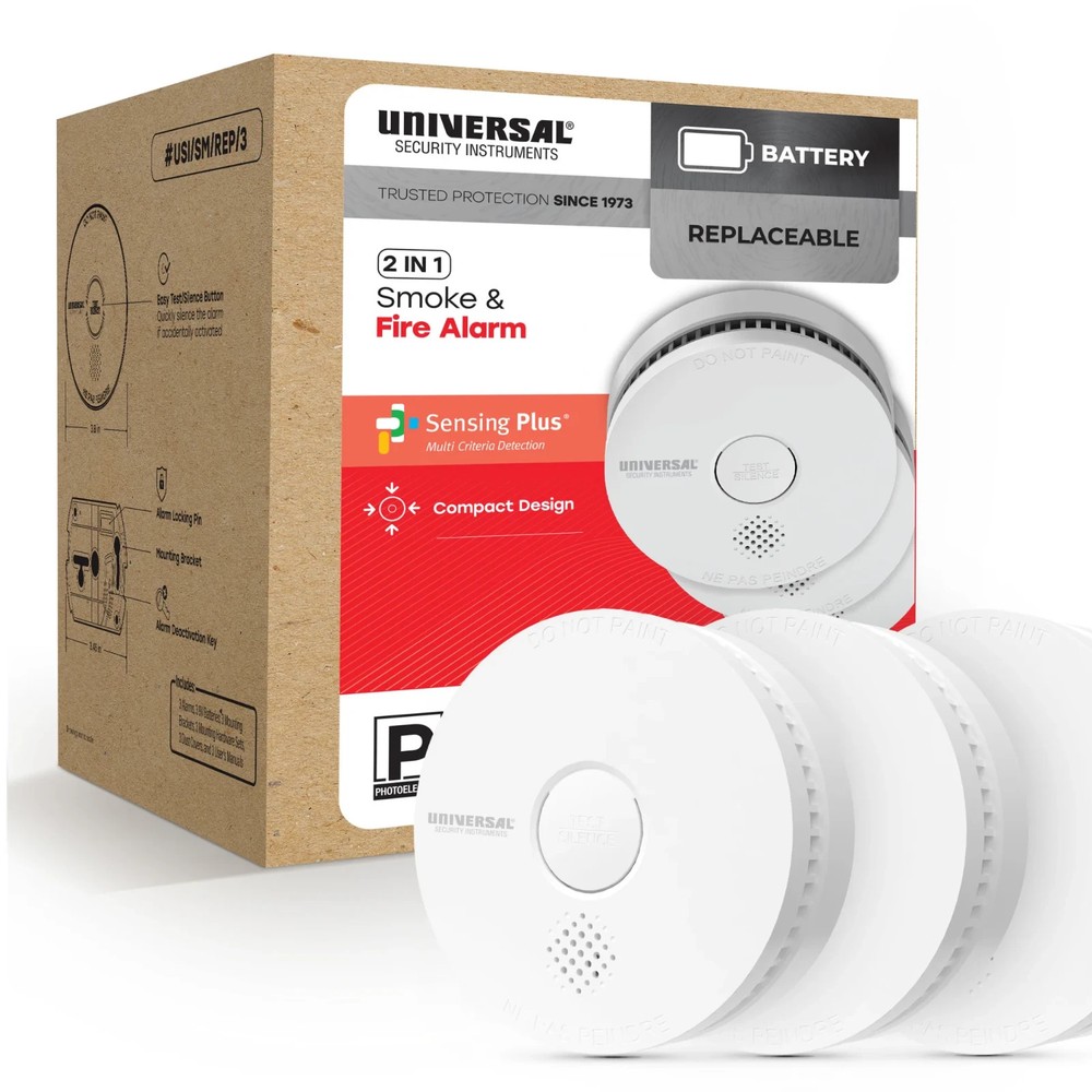 Universal Security Instruments 2 In 1 Smoke & Fire Alarm 3PK - MISSING BATTERIES
