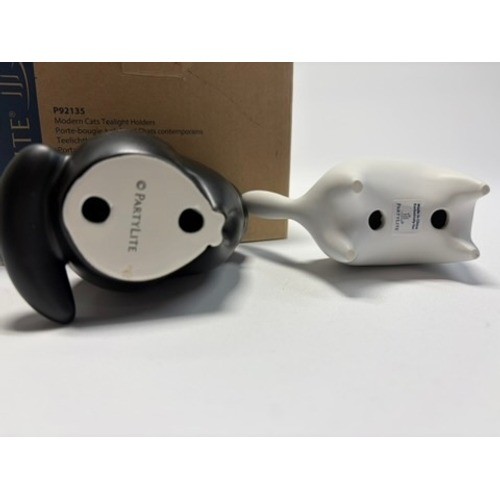 PartyLite Modern Cat Tealight Holders Set of 2 Black White Ceramic w Box rare gallery