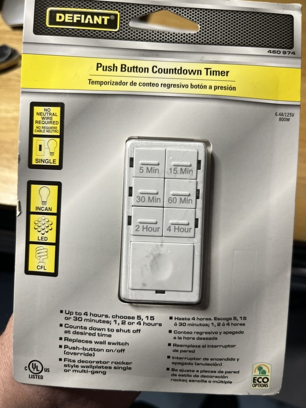Defiant 460974 Push Button Countdown Timer; Up To 4 Hours; 6.4A/125V, 800W gallery