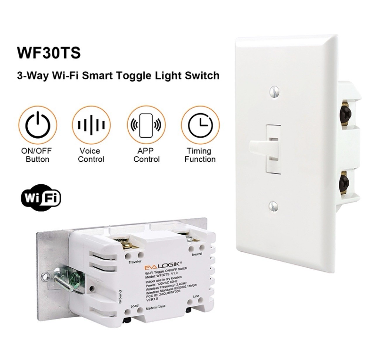 EVA LOGIK WF30T 3-Way Wi-Fi Toggle On/Off Wall Switch White Alexa/Google gallery